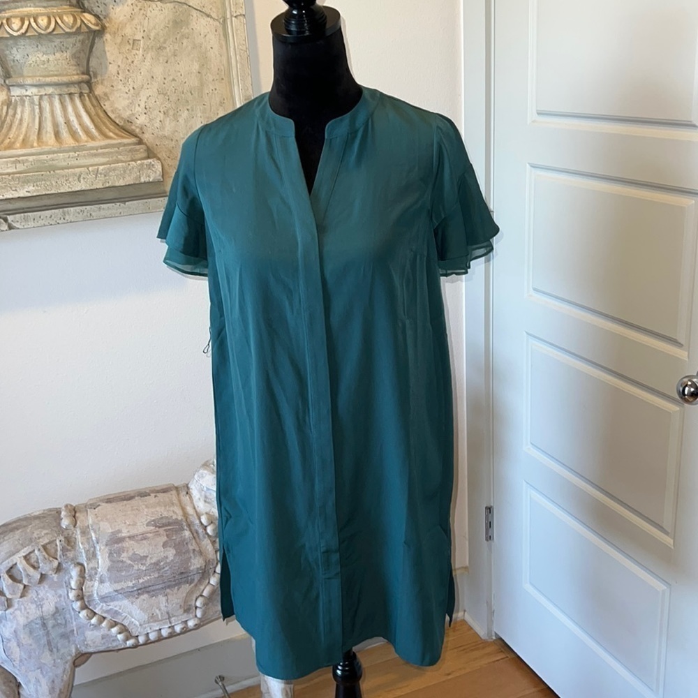 Ann Taylor Petite Sz XXSP emerald green cover buttoned down shirt sleeve dress